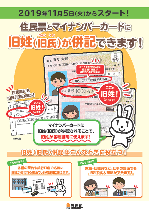 2019年11月5日（火曜日）からスタート！住民票とマイナンバーカードに旧姓（旧氏）が併記できます！の画像